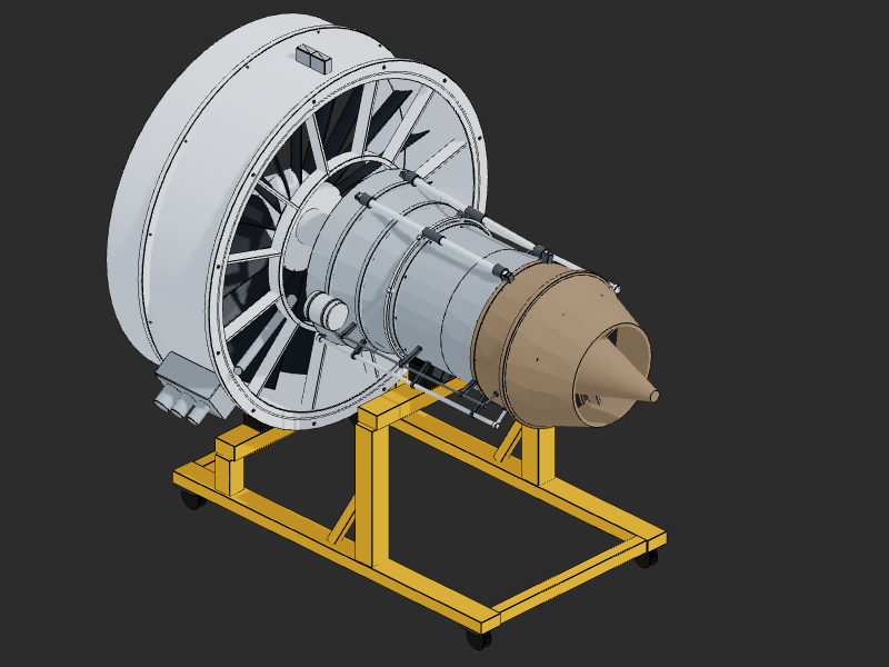 Parametric high-bypass turbofan engine on a maintenance stand